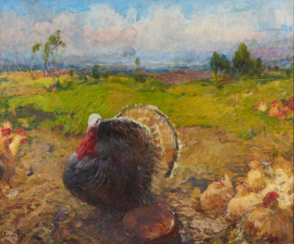 Paesaggio con tacchino e galline